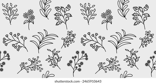 Collection of flower and leafe sketches. Flower and leafe pattern. Outline flower and leafe design.