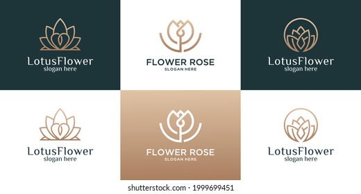 Collection of flower with line logo design template.