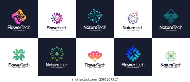 collection of flower logos with the concept of smart technology, electrical network, connection, service, design vector template.