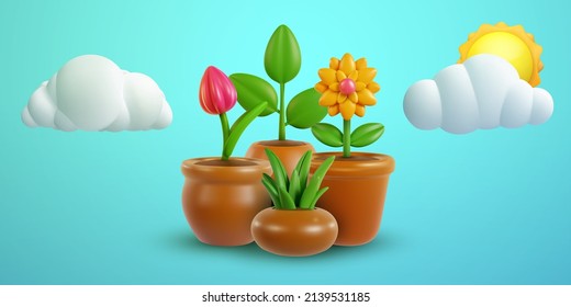 Collection of flower plants in pot isolated on blue background with cloud and sun. Set realistic modern minimal design elements. 3d vector illustration.
