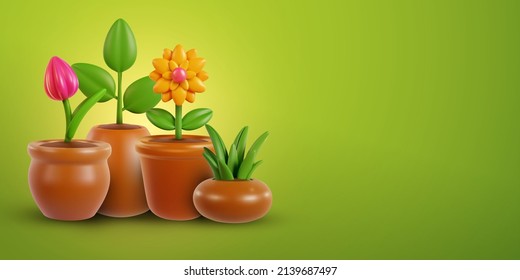 Colección de plantas florales en maceta aisladas en fondo verde. Establezca elementos de diseño minimalista y realistas. Ilustración vectorial 3d.