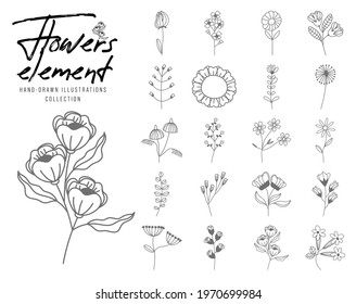 collection flower pot element lineart illustration, plant, floral, doodle, hand drawn.