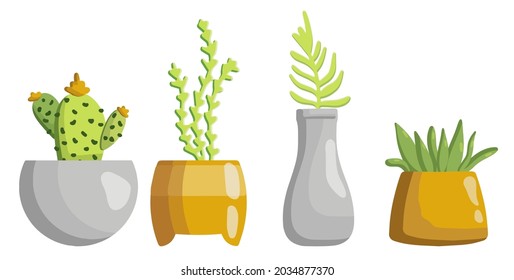 Collection of flower pots with plants. Vector set of cozy cute indoor flowers isolated on a white background. Hygge time. Home gardening. Indoor plants. Home garden. Print