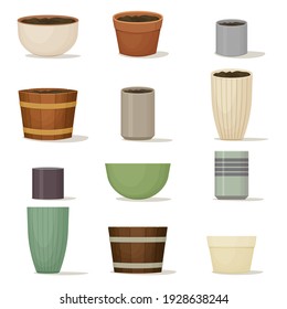 Collection of flower pots. Terracotta, ceramic and wooden planters of various shapes and colors. Interior design. Indoor or garden decoration. Vector illustration.