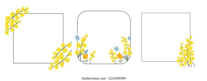 Collection flower square frame made of rapeseed. Hand-drawn floral border with copy space. Yellow cartoon canola branch, greeting card template, invitations, design element. All objects are isolated.