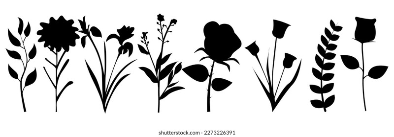 collection of flower stalk designs in silhouette style on isolated white background.