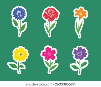 Collection of flower stickers showcasing vibrant colors on a green backdrop perfect for scrapbooking and floral design projects.