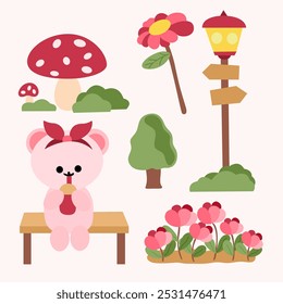 a collection of flowers and a bear in the garden.