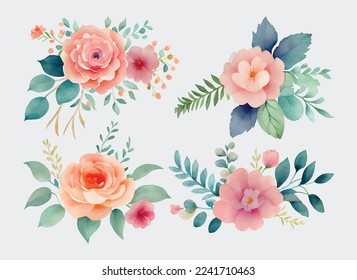 collection of flowers Beautiful Watercolor set of Design Ornaments