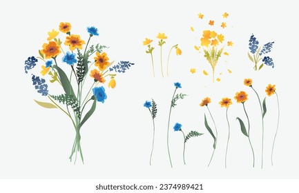 Collection of flowers and bouquet in vector. Set of beautiful flowers in vector.