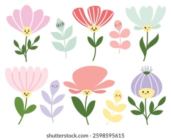 Collection of flowers and branches with cute faces. Set of spring flowers and branches in flat vector style. 