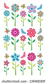 Collection of flowers and butterflies on white background