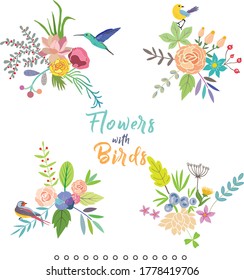 A collection of flowers decoration bouquet with birds