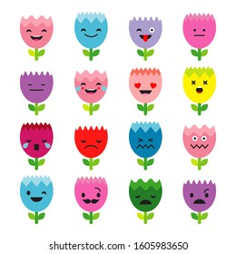 Collection of Flowers Emotions. Cute cartoon. Vector style smile icons. Vector illustration for web design or print.