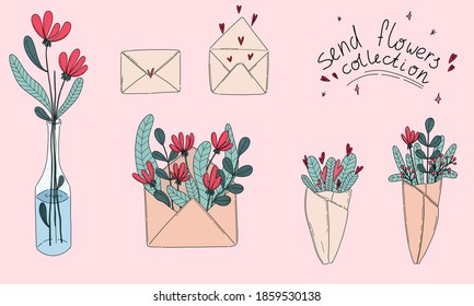 Collection Of Flowers. Envelope With Flowers, Flower Bouquet, Vase Wit Flower. Send Flowers Collection