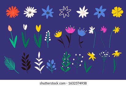Collection of flowers in a flat style. Wild flower, tulip. Botanical vector. Design elements. Set of decorative floral. Illustration of nature flower spring and summer in garden.