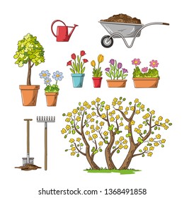 Collection of flowers and garden tools. Hand draw vector illustration.