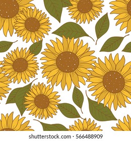 Collection of flowers, hand drawn seamless pattern. Colorful backdrop with sunflowers.  Decorative illustration, good for printing. Wallpaper design
