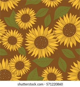 Collection of flowers, hand drawn seamless pattern. Colorful backdrop with sunflowers.  Decorative illustration, good for printing. Wallpaper design