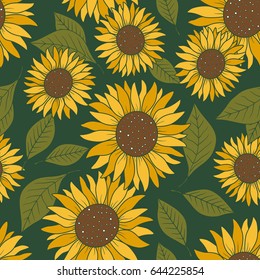 Collection of flowers, hand drawn seamless pattern. Colorful backdrop with sunflowers.  Decorative illustration, good for printing. Wallpaper design