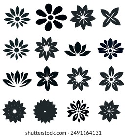  Collection flowers icon silhouette, vector botanical daisy, lotus, lily,wildflowers  silhouette illustration, Perfect for branding, fabric, print,websites this illustration.