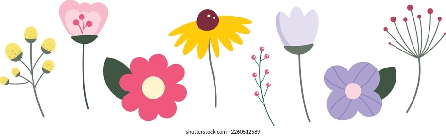 Collection of flowers with leaves, bouquets. Vector flowers. Spring artistic print with botanical elements. Happy Easter. Folk style. Posters for spring break. icons isolated on white background.