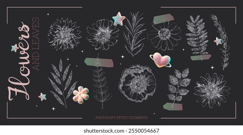 Colección de flores y hojas retro Elementos de efecto de fotocopia gris sobre fondo negro. Herbario de flor de Antiguas textura granulada. Y2K Vector estético floral grunge collage con cinta adhesiva