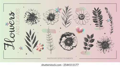 Colección de Elementos de efecto de fotocopia retro de flores y hojas sobre fondo degradado. Herbario de flor de Antiguas textura granulada. Y2K Vector estético floral grunge collage