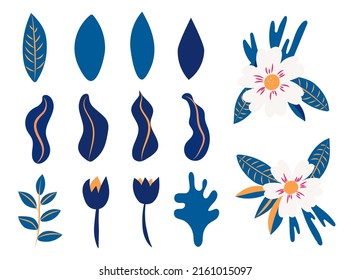collection of flowers and leaves of flowers. Vector blue and white flowers. Spring art print with botanical elements. Posters for the spring holiday. icons highlighted on a white backgro