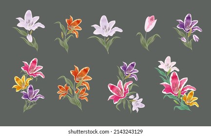 collection of flowers and leaves. Vector illustration.