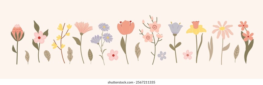 Collection of flowers and leaves. A vector set of elements for decorating spring, Easter, Mother's Day and March 8th. Spring flowers in soft pastel colors. Isolated elements on a white background.