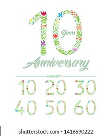 Collection Flowers Numbers and leaf 10, 20, 30, 40, 50, 60 Isolated on white background. for decoration in spring, summer.  for wedding invitations,birthday cards.