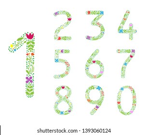 Collection Flowers Numbers and leaves 1, 2, 3, 4, 5, 6, 7, 8, 9, 0  Isolated on white background. for decoration in spring, summer.  for wedding invitations,birthday cards.