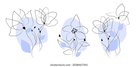 Colección de flores en una línea. Conjunto de plantas minimalistas con hojas. Arte simple para logos y afiches. Iconos orgánicos dibujados a mano. Ilustraciones de caricaturas de vectores planos aisladas en fondo blanco