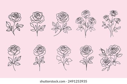 Colección de flores y capullos en hileras