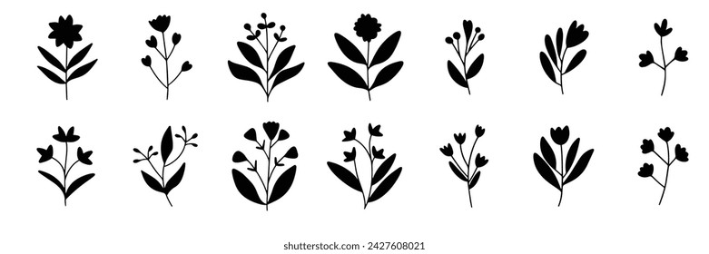 Collection of flowers silhouette. Set flowers silhouette isolated on white background. Hand drawn vector art.