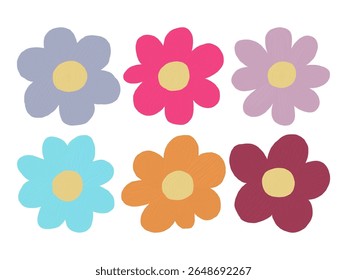 A collection of flowers with slightly different colors and surfaces with acrylic or oil-like texture.