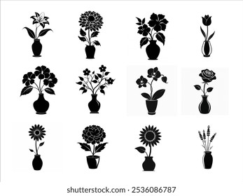 Colección de flores en jarrón silueta Vector boceto aislado. Este es un archivo eps de Vector de alta calidad editable e imprimible.