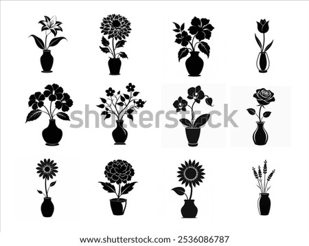 Collection of flowers in vase silhouette vector sketch isolated. This is an editable and printable high quality vector eps file.