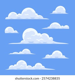 A collection of fluffy, cartoon-style clouds on a bright blue background