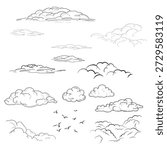 Collection of fluffy clouds of different shapes and silhouettes of birds, black and white sketch. Thick mountain clouds isolated on white background. Vector illustration. Summer cirrus clouds at dawn