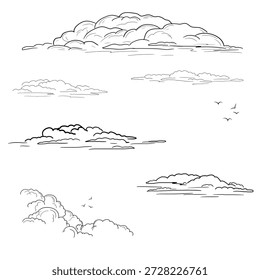Coleção de nuvens fofas de diferentes formas e silhuetas de pássaros, esboço preto e branco. Nuvens espessas de montanha isoladas sobre fundo branco. Ilustração vetorial. Nuvens de cirros de verão ao amanhecer
