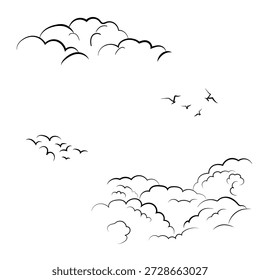Colección de nubes esponjosas de diferentes Formas y siluetas de pájaros, croquis en blanco y negro. Nubes de montaña tupidas, aisladas sobre fondo blanco. Ilustración vectorial. Escena de verano al aire libre