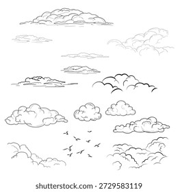 Collection of fluffy clouds of different shapes and silhouettes of birds, black and white sketch. Thick mountain clouds isolated on white background. Vector illustration. Summer cirrus clouds at dawn