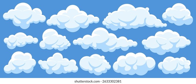 Collection of fluffy clouds illustrated in flat vector style against blue background, perfect for use in childrens books, educational materials, or web design. Ideal for creating weather eco icon.