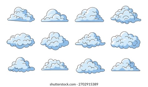 Uma coleção de nuvens brancas macias retratadas em um estilo de arte em pixels em uma grade.