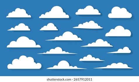 Colección de nubes blancas esponjosas sobre un fondo azul brillante con sombras suaves