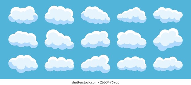 Collection of fluffy white clouds on blue background, perfect for cloud seamless pattern design, sky cloud illustrations, weather graphics, creative cloud projects or web weather app. Vector style