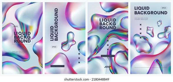Collection fluid holographic background with 3d liquid splash rainbow gasoline spill bubble, iridescent gradient colorful amorphous shapes, trendy vector illustration