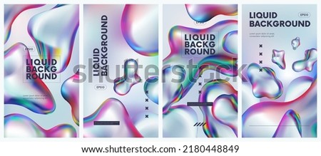 Collection fluid holographic background with 3d liquid splash rainbow gasoline spill bubble, iridescent gradient colorful amorphous shapes, trendy vector illustration